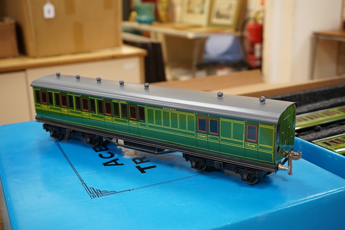 A boxed ACE Trains 0 gauge tinplate coach set; C/1 SR, comprising of three Southern Railway bogie coaches; a Full First, a Full Third and a Brake Third